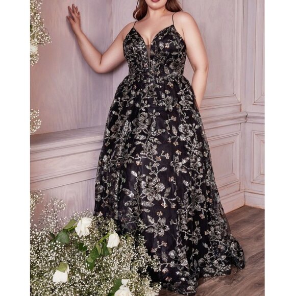 Gunmetal Silver & Black Sequin Floral Formal Prom Evening Dress 14 - Picture 1 of 5